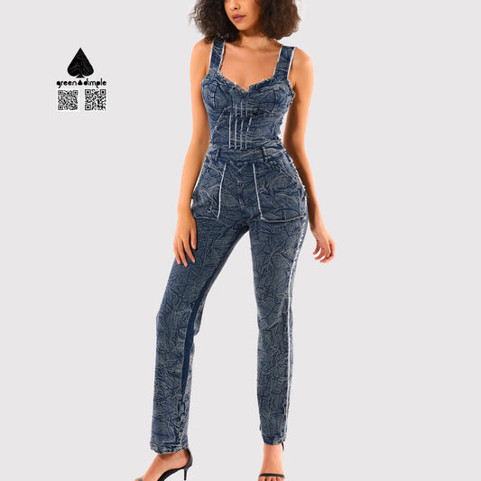 Washed Denim Casual wide Strap long Jumpsuits