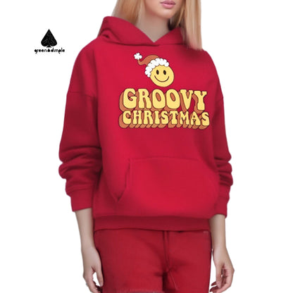 100% Cotton Groovy Christmas red Pullover Hoodie Sweatshirt