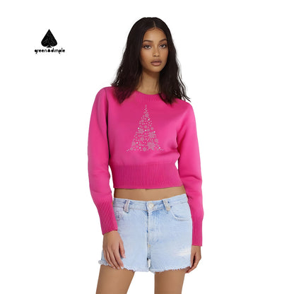 Winter Wool O Neck pink women crop top short Sweatshirt