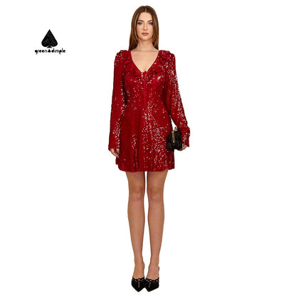 Customize burgundy long sleeve flounce neck short loose casual Sequin dress