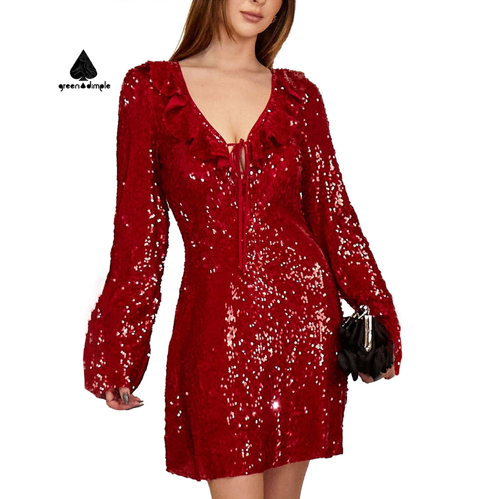 Customize burgundy long sleeve flounce neck short loose casual Sequin dress