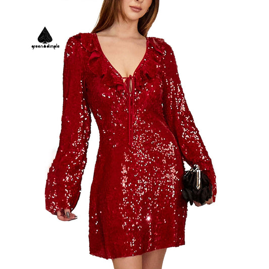 Customize burgundy long sleeve flounce neck short loose casual Sequin dress