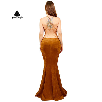 Gold chain Hanging Neck backless embroidered evening dresses