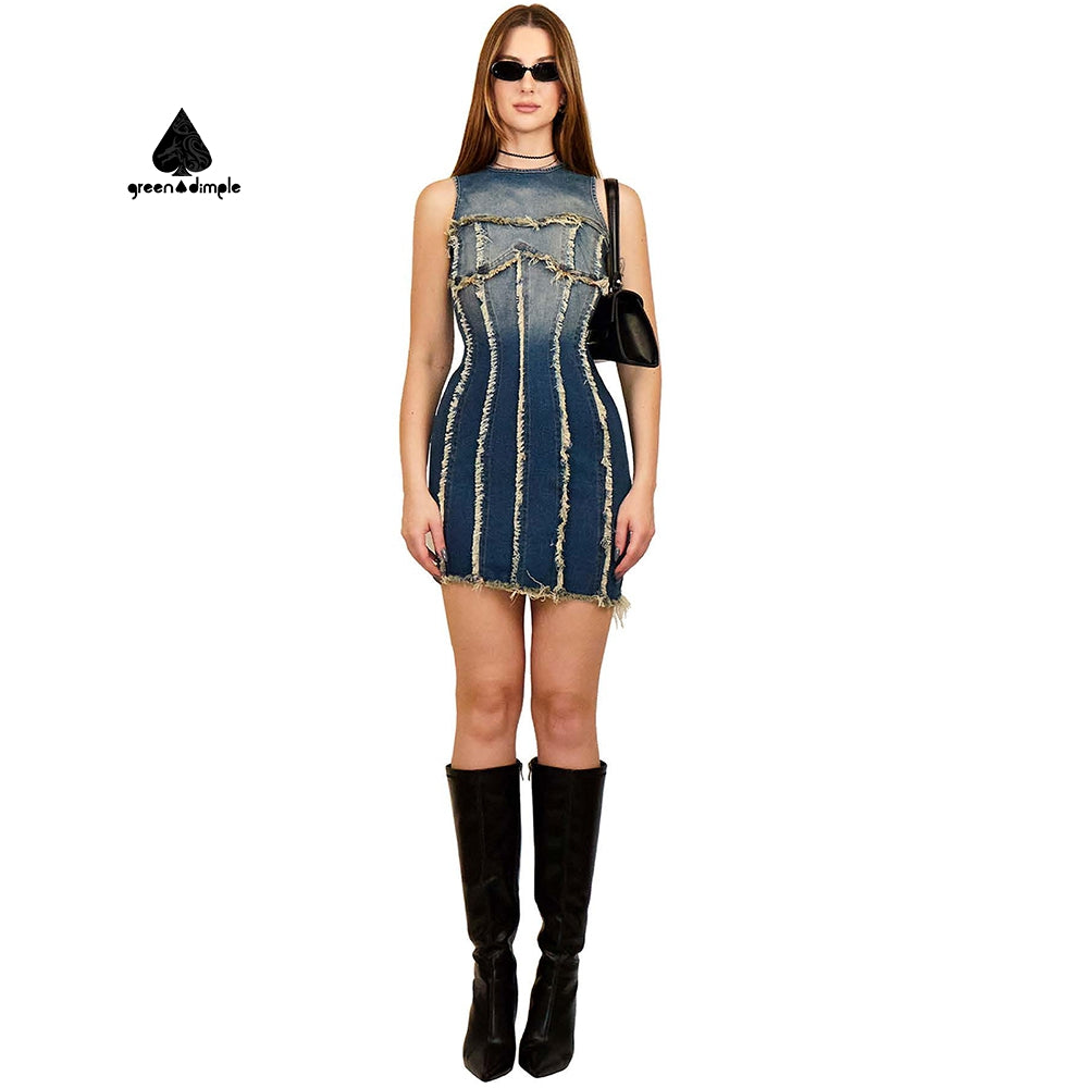 Original denim bodycon distressed strip short dress