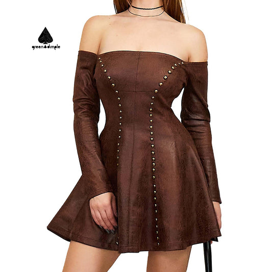 Off shoulder leather plus size wrist sleeve short pleated skirts