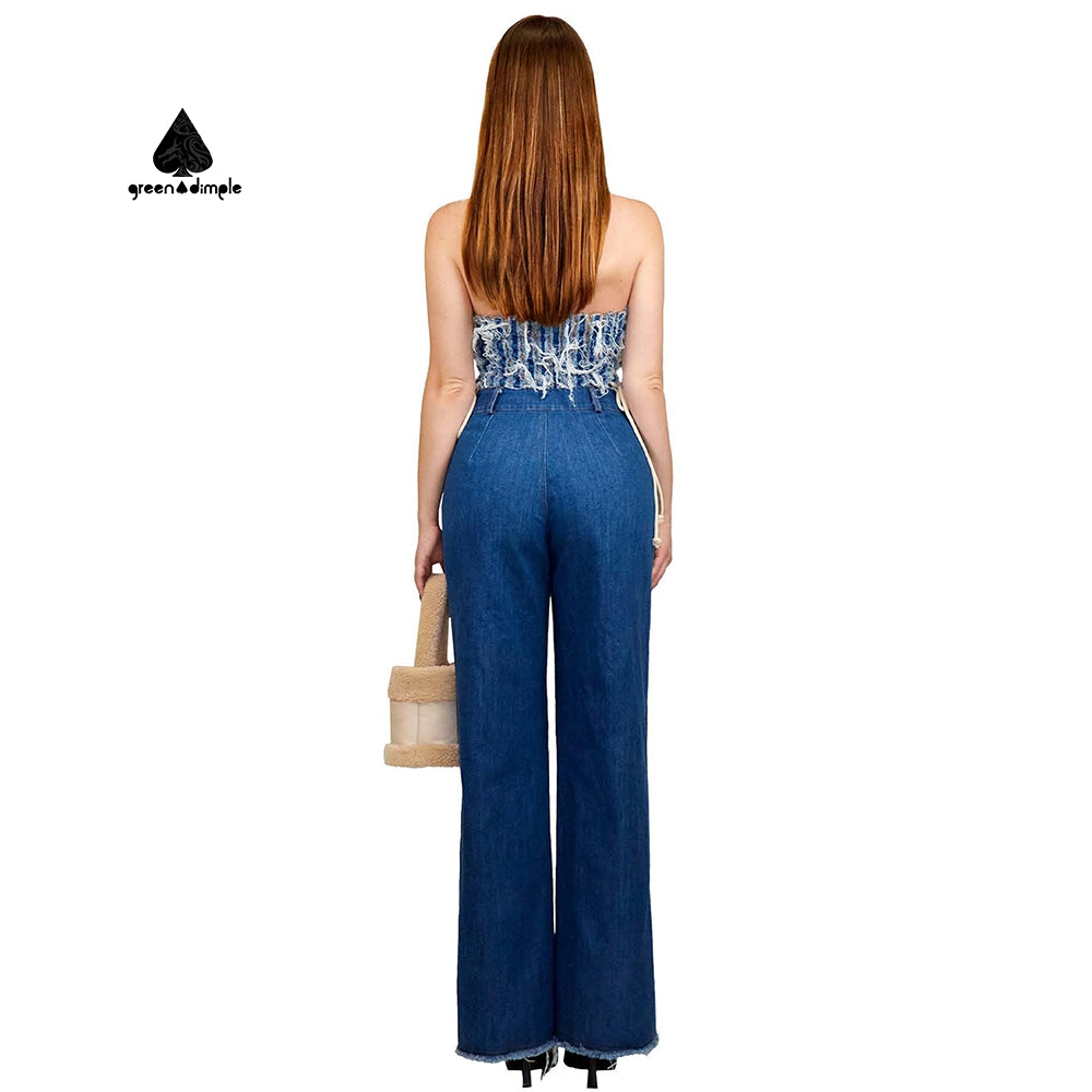 Side string tight Sexy fluff off shoulder denim tank Tube Top