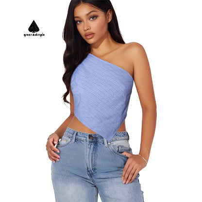 Blue Backless One Shoulder Strip TOP