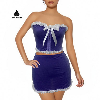 Blue Lolita style strapless tube top and mini skirt set with lace and bow