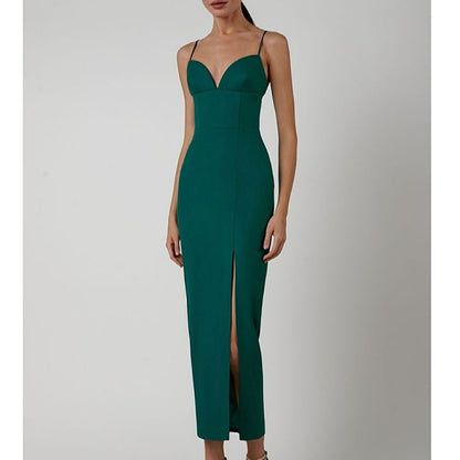 Women's Spaghetti Strap Deep V Neck Bodycon Slit Evening Party Dress
