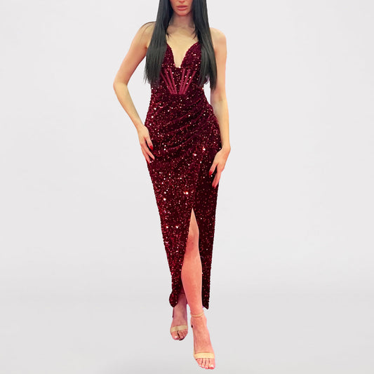 Layla Sequin Midi Dress - Red