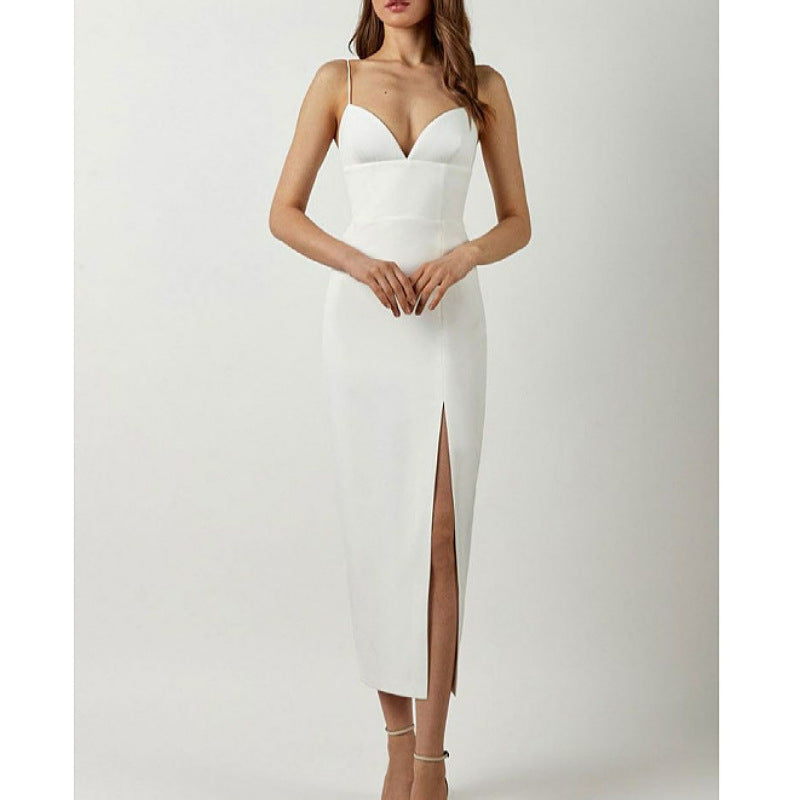 Women's Spaghetti Strap Deep V Neck Bodycon Slit Evening Party Dress