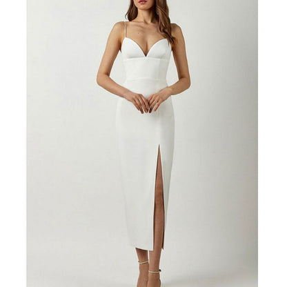 Women's Spaghetti Strap Deep V Neck Bodycon Slit Evening Party Dress