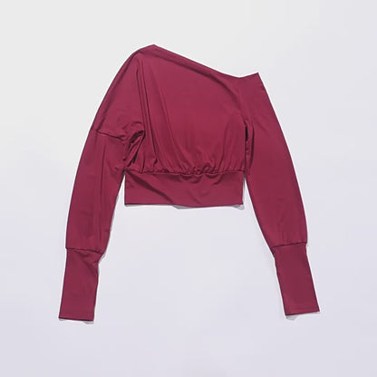 Women Asymmetric Shoulder Long Sleeve Slim Fit Pullover Shirt