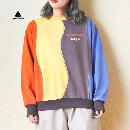 Women Crew Neck Color Block Patchwork Design Sweatshir