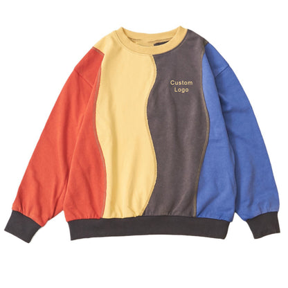 Women Crew Neck Color Block Patchwork Design Sweatshir