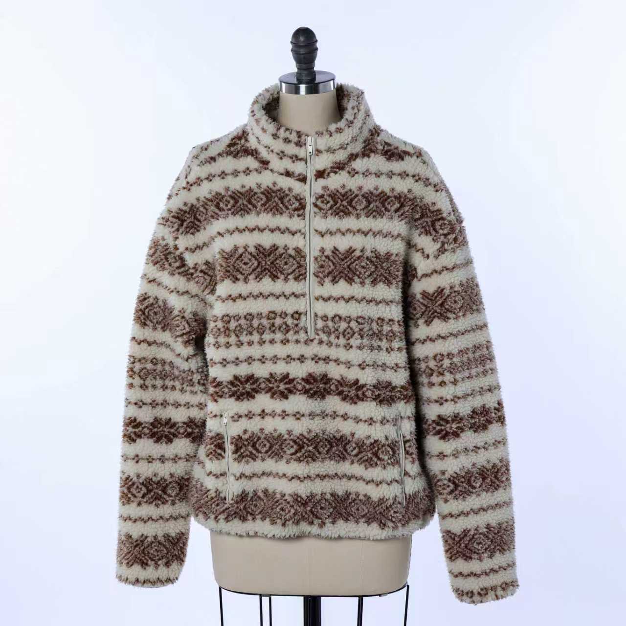 Winter Women Warm Half Zip Stand Collar Kangaroo Pocket Warm Fleece Sweater