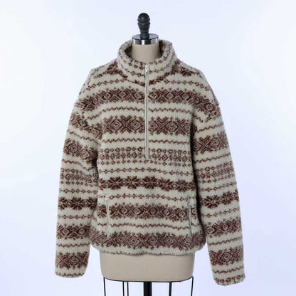 Winter Women Warm Half Zip Stand Collar Kangaroo Pocket Warm Fleece Sweater