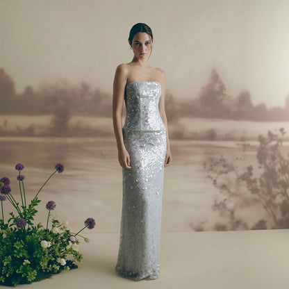 White Maxi Evening Party Dress Women's Sequined Formal Club Gown