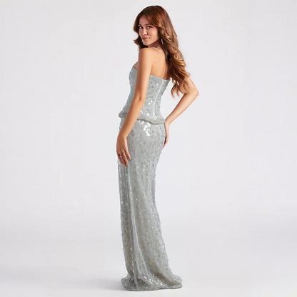 White Maxi Evening Party Dress Women's Sequined Formal Club Gown